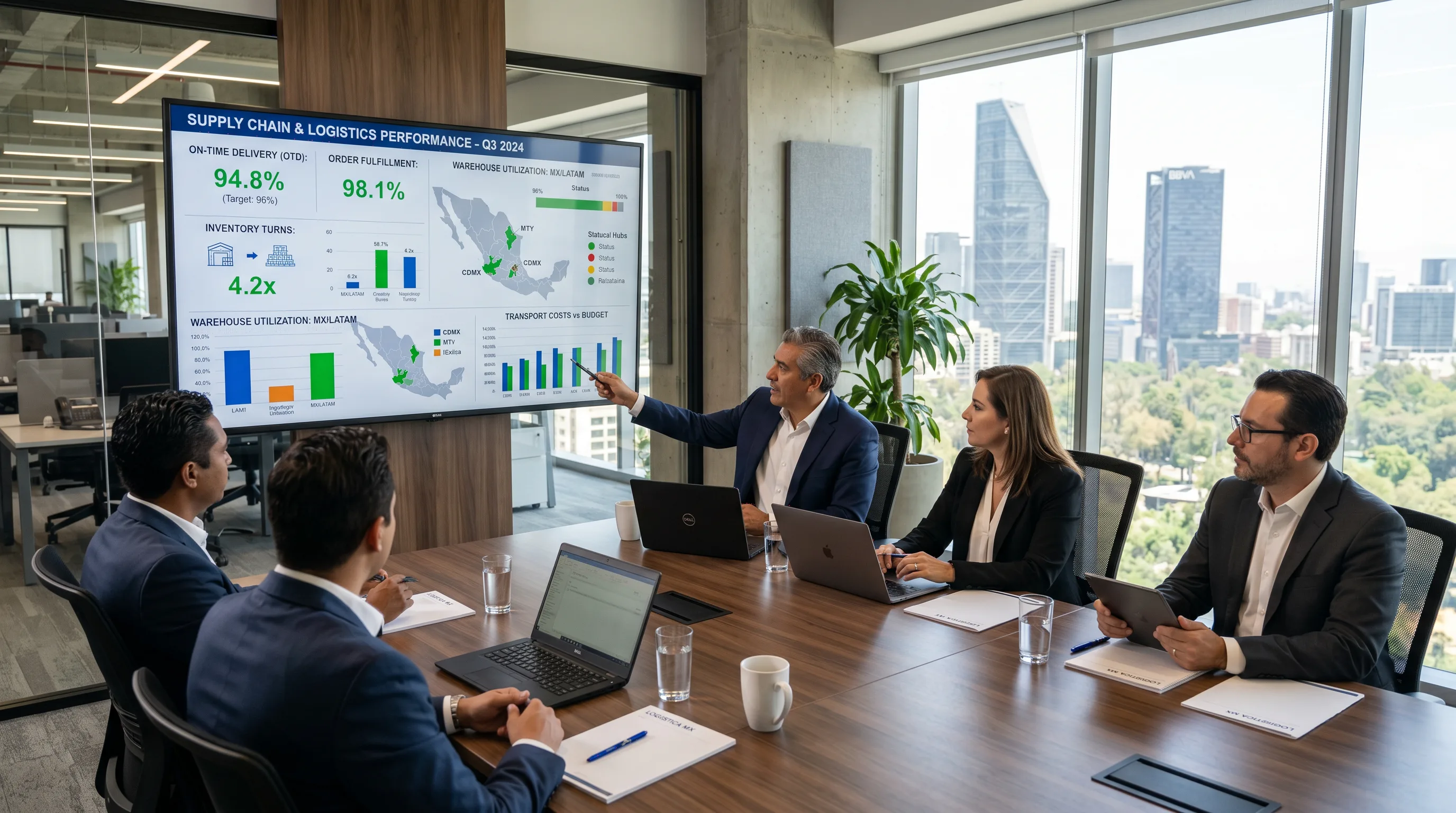 Equipo directivo revisando KPIs logísticos — Fill Rate, OCT y costos de supply chain